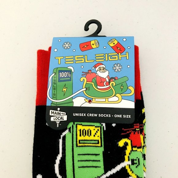 Tesla Santa & Sleigh Men's Crew Socks Sleigh Charging Station OSFM - Picture 3 of 5